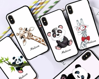 Personalised Name Panda Giraff Phone Hard Plastic Case for Apple iPhone 15 14 13 12 11 7 8 X XS XR   #27