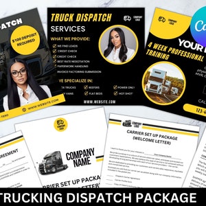 Könnte beinhalten: Marketingmaterialien für LKW-Dispatch-Dienste. Das Design zeigt eine Frau im Business-Anzug, eine Grafik eines Sattelzugs und Text wie "Truck Dispatch Services" und "4 Week Professional Training".