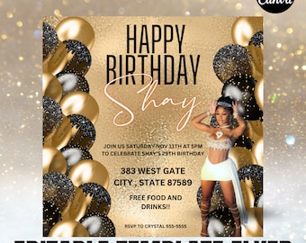 Gold & Black Birthday Flyer Invitation Template: Canva Edit (Digital Download)