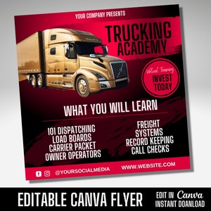 Pode incluir: Um panfleto vermelho e preto com um caminhão de plataforma dourado no fundo. O texto diz "Trucking Academy" e "Treinamento virtual Investir hoje". O panfleto também inclui uma lista de tópicos que serão abordados no curso, como "101 Dispatching", "Load Boards", "Carrier Packet", "Owner Operators", "Freight Systems", "Record Keeping" e "Call Checks". O panfleto também inclui o nome da empresa nas redes sociais e o endereço do site.