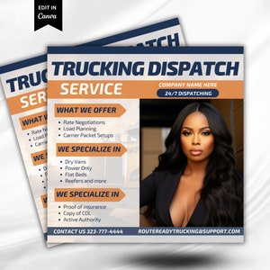 Pode incluir: Um folheto para um serviço de despacho de caminhões. O folheto apresenta uma mulher com cabelo preto comprido e uma blusa preta. O texto no folheto diz "Trucking Dispatch Service", "What We Offer", "We Specialize In", "Contact Us" e "Routereadytrucking@support.com".