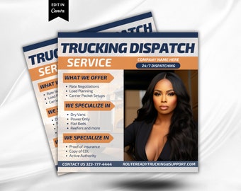 May include: A flyer advertising a trucking dispatch service. The flyer features a woman with long black hair and a black top. The text on the flyer reads "Trucking Dispatch Service", "What We Offer", "We Specialize In", "Contact Us", and "Routereadytrucking@support.com".