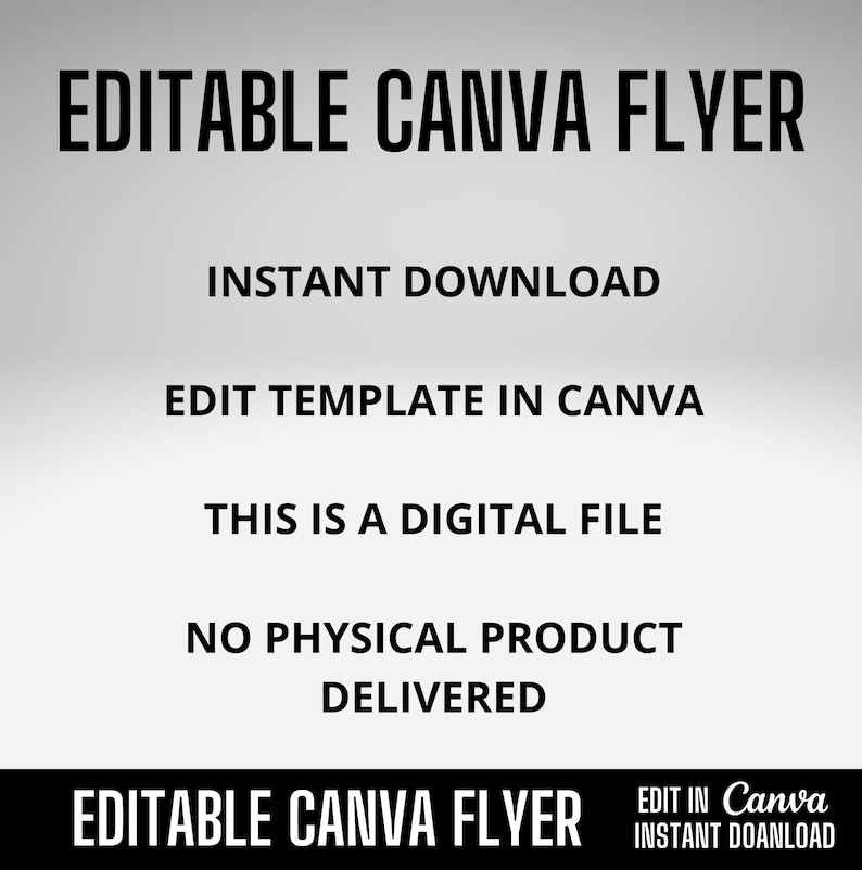 May include: Editable Canva flyer template for instant download. Edit the template in Canva. This is a digital file, no physical product is delivered.  The text on the flyer reads "Editable Canva Flyer" and "Edit in Canva Instant Download".