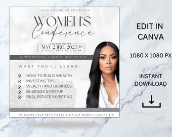 Women's Conference Flyer Template: DIY Wealth & Business (Canva, 1080x1080 px)