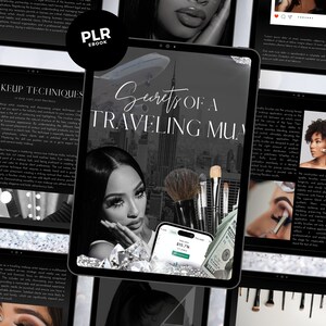 Peut inclure: Une couverture d'ebook numérique avec une photo en noir et blanc d'une femme maquillée. Le titre de l'ebook est "Secrets of a Traveling MUA" et le sous-titre est "10 conseils pour aider votre entreprise".