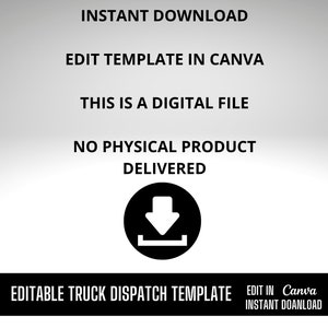 Puede incluir: Plantilla de despacho de cami&oacute;n editable para Canva. Descarga instant&aacute;nea. Este es un archivo digital, no se entrega ning&uacute;n producto f&iacute;sico.