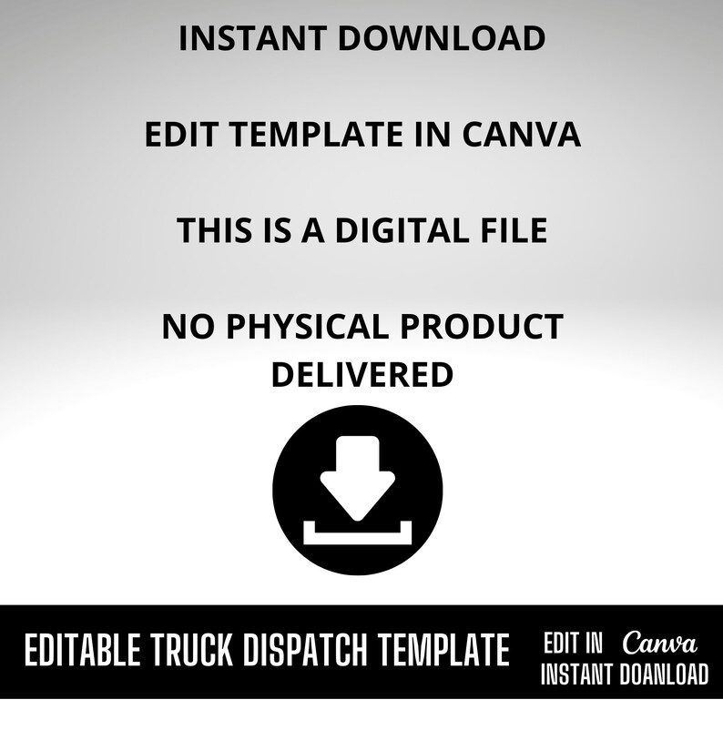 Puede incluir: Plantilla de despacho de cami&oacute;n editable para Canva. Descarga instant&aacute;nea. Este es un archivo digital, no se entrega ning&uacute;n producto f&iacute;sico.