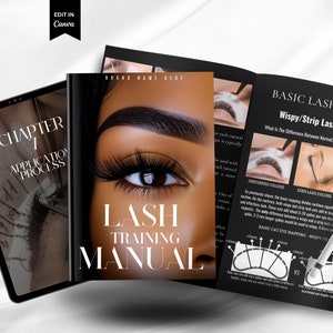 May include: A lash training manual with a close-up image of an eye with long lashes. The manual includes a chapter on the application process and a section on basic lash mapping, showing the difference between uniform and wispy lash styles.
