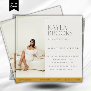 May include: A white and gold business card with the text "KAYLA BROOKS BUSINESS COACH" and "WHAT WE OFFER: BUILDING BUSINESS CREDIT MARKETING TIPS REBRANDING TIPS SALES INCREASE TOOLS SOCIAL MEDIA AUDIT"  The card also includes the social media handles "@FACEBOOK", "WWW.WEBSITE.COM", and "@SOCIALMEDIA".