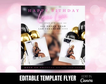 Black and Gold Birthday Flyer, Editable Canva Template (1080x1080px)