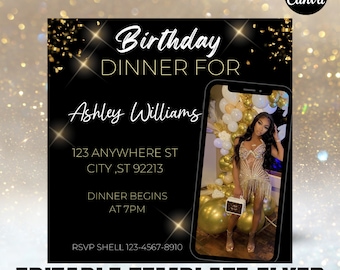 Black & Gold Birthday Dinner Invitation Template: Canva Editable (Digital Download)