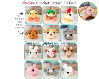 May include: A collection of 12 crocheted animal figures, including a chick, duck, chicken, puppy, kitten, bunny, cow, highland cow, piggy, spider, and mouse. The text "Critterlings Super Starter Pack Part 2" is displayed at the top.
