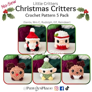 May include: A crochet pattern pack showcasing five Christmas Critters: Santa, Mrs. Claus, Rudolph, an Elf, and a Reindeer. Each critter is a small, round, and colourful amigurumi design. The text "Christmas Critters Crochet Pattern 5 Pack" is displayed at the top.