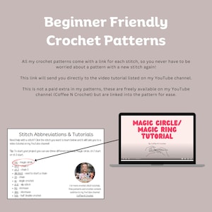 Op de afbeelding: Een roze en witte afbeelding met de tekst "Beginner Friendly Crochet Patterns" en een beschrijving van hoe je steekafkortingen en tutorials kunt gebruiken. De afbeelding bevat ook een laptopscherm met de tekst "Magic Circle/Magic Ring Tutorial" door Coffee N Crochet.