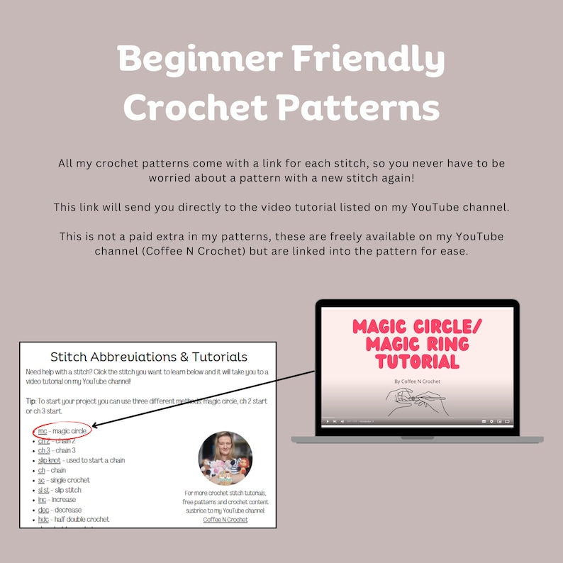Op de afbeelding: Een roze en witte afbeelding met de tekst "Beginner Friendly Crochet Patterns" en een beschrijving van hoe je steekafkortingen en tutorials kunt gebruiken. De afbeelding bevat ook een laptopscherm met de tekst "Magic Circle/Magic Ring Tutorial" door Coffee N Crochet.
