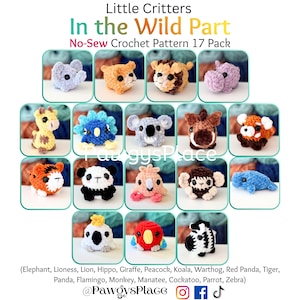 May include: A collection of 17 small, plush, no-sew crochet animal figures including an elephant, lion, hippo, giraffe, peacock, koala, warthog, red panda, tiger, panda, flamingo, monkey, manatee, cockatoo, parrot, and zebra, labeled Little Critters.