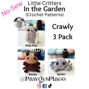 May include: A set of three crochet patterns for making a roly poly, beetle, and spider. The patterns are called "Crawly 3 Pack" and are from the shop "PawgysPlace".