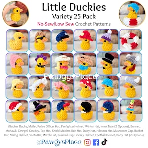 May include: A collection of 25 crocheted yellow ducklings, each with a different hat or accessory. The image includes text that reads "Little Duckies Variety 25 Pack No-Sew/Low Sew Crochet Patterns". Accessories include a police officer hat, a witch hat, and a baseball cap.