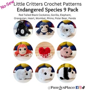 Op de afbeelding: Negen haakpatronen voor het maken van amigurumi-dieren, waaronder een roodstaart-zwarte kaketoe, gorilla, olifant, orang-oetan, hart, wombat, neushoorn, ijsbeer en panda. De patronen zijn getiteld "Little Critters Crochet Patterns Endangered Species 9 Pack".