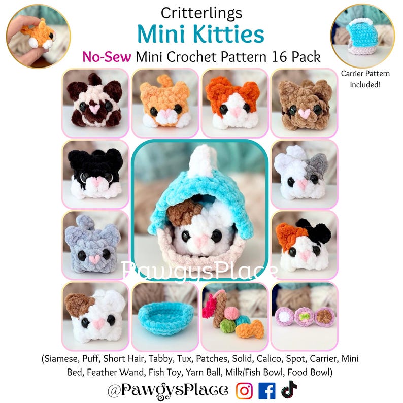 Critterlings Mini Kitties: patrón de mini crochet sin costuras (paquete de 16) imagen 1