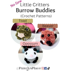 May include: Three crocheted stuffed animals: a green toad, a brown beaver, and a black and white opossum. The animals are all small and have big eyes. The image is titled "No-Sew Little Critters Burrow Buddies (Crochet Patterns)".