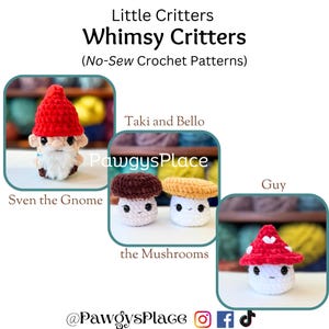 Little Whimsy Critters No Sew Sven the Gnome en Bello, Taki en Guy the Mushrooms-haakpatronen