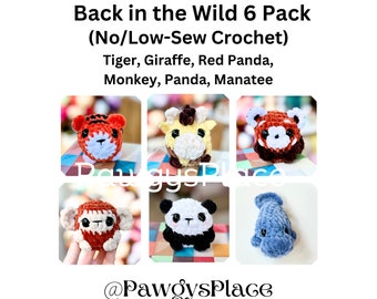 Little Critters Back In The Wild No/Low-Sew Crochet Pattern 6 Pack (Monkey, Manatee, Tiger, Giraffe, Panda, and Red Panda)