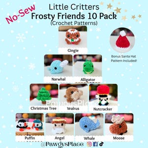 May include: A set of 10 crochet patterns for making adorable winter-themed amigurumi toys. The patterns include a gingerbread man, narwhal, alligator, Christmas tree, walrus, nutcracker, puffin, angel, whale, and moose. A bonus Santa hat pattern is also included.