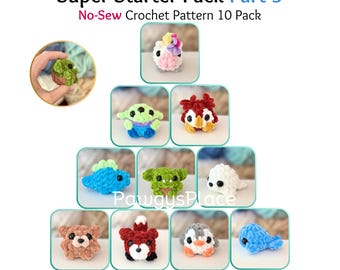May include: A selection of ten colourful, no-sew crochet animal patterns. The image showcases a variety of small, plush creatures, including a unicorn, alien, owl, dinosaur, goblin, seal, bear, fox, penguin, and whale. The text reads "Critterlings Super Starter Pack Part 3."