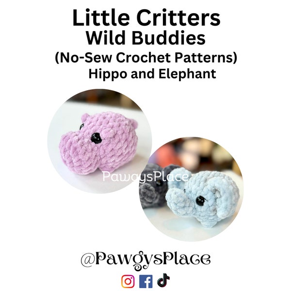 Lot de 2 motifs au crochet Little Critters Wild Buddies sans couture (éléphant et hippopotame)