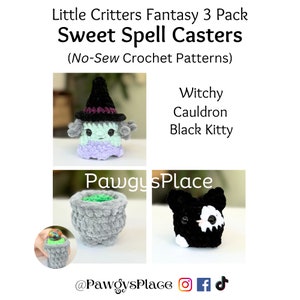 May include: Three crochet amigurumi patterns for a witch, cauldron, and black kitty. The patterns are called "Sweet Spell Casters" and are no-sew.