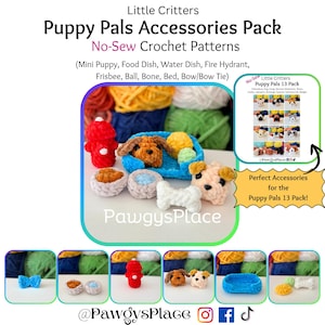 Op de afbeelding: Een haakpatroonpakket voor Puppy Pals-accessoires. De afbeelding toont een rode brandkraan, een hondenbed, een bot, een voerbak en een frisbee. De tekst luidt "Puppy Pals Accessories Pack" en "No-Sew Crochet Patterns."