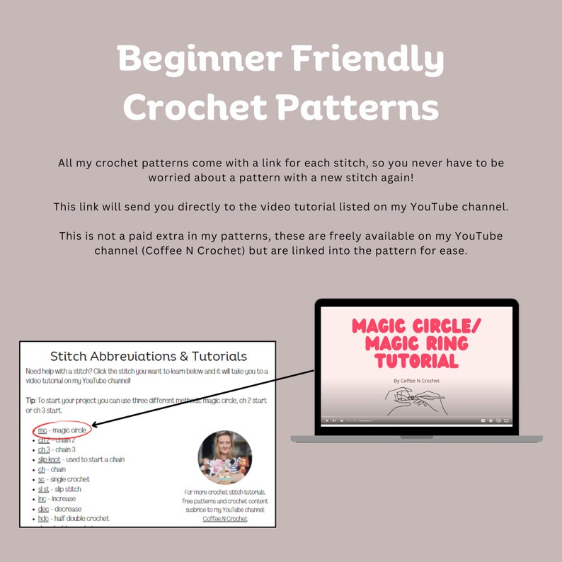 Pode incluir: Um gr&aacute;fico rosa e branco com o texto "Beginner Friendly Crochet Patterns" e uma descri&ccedil;&atilde;o de como usar as abrevia&ccedil;&otilde;es e os tutoriais de pontos. O gr&aacute;fico tamb&eacute;m inclui uma tela de laptop com o texto "Magic Circle/Magic Ring Tutorial" de Coffee N Crochet.