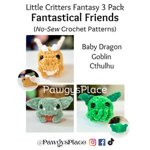 May include: Three crochet amigurumi patterns for a baby dragon, goblin, and Cthulhu. The patterns are no-sew and are available as a three-pack. The image shows the finished crocheted toys.
