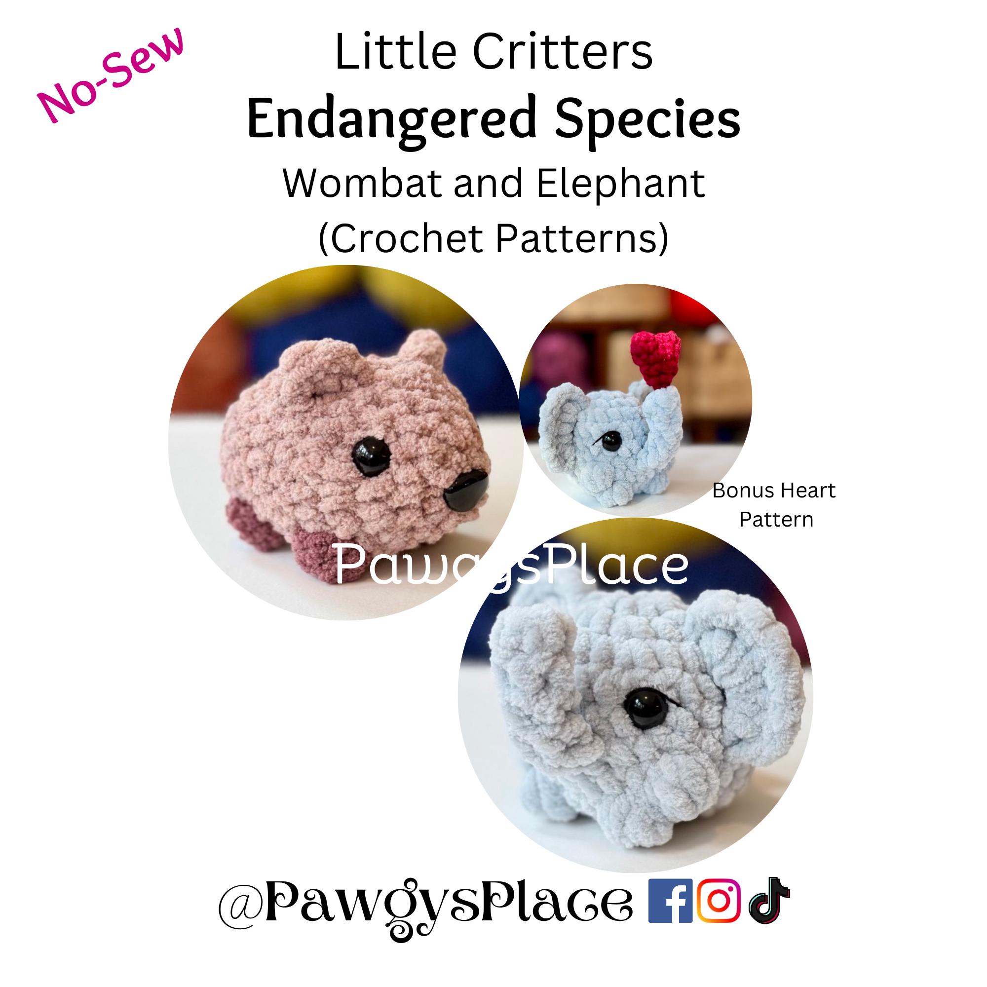 Little Critters No Sew Endangered Species Crochet Pattern Buddy Pack (Wombat, Elephant, and Heart)