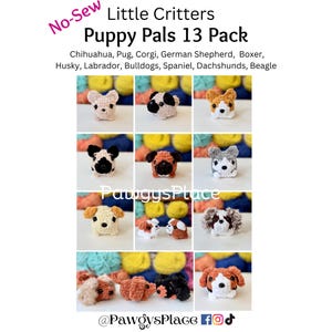 May include: A set of 13 crochet puppy pals, each representing a different breed. The puppies are all in various poses and have different colored fur. The set is called "Puppy Pals 13 Pack" and is from the shop "PawgysPlace".