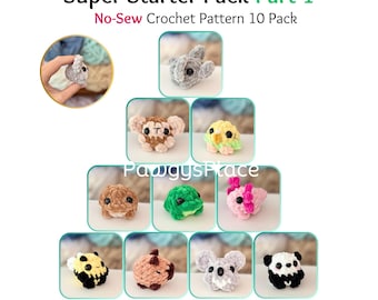 May include: A collection of ten no-sew crochet animal patterns, including an elephant, monkey, budgie, toad, frog, axolotl, bee, capybara, koala, and panda. The image is labeled "Critterlings Super Starter Pack Part 1". The patterns are designed by @PawgysPlace.