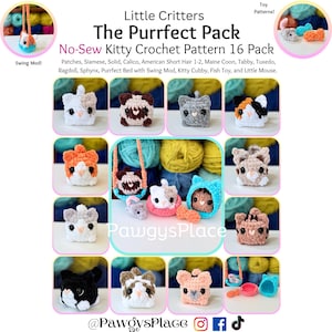 May include: A collection of 16 no-sew kitty crochet patterns. The patterns include various cat breeds and accessories. The image features a variety of colorful yarn and finished crochet cat toys.