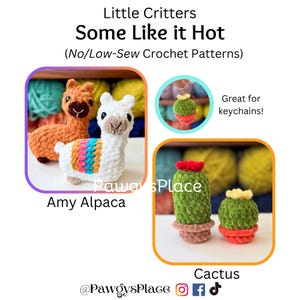 May include: Image of crochet patterns for "Little Critters." The image features an orange llama and a white alpaca with colorful accents. Also shown are crochet cactus designs, one with a red flower and another with a yellow flower. The text says "Some Like it Hot."