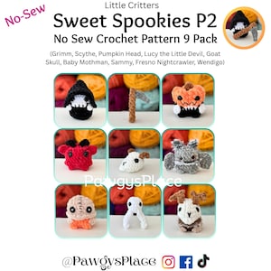 Puede incluir: Una colección de nueve figuras de ganchillo con temática de Halloween, que incluyen un Grim con capucha negra, una guadaña, una cabeza de calabaza y un diablo rojo. Se muestra el texto "Sweet Spookies P2" y "No Sew Crochet Pattern 9 Pack".