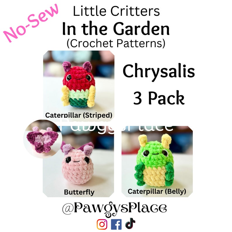 K&ouml;nnte beinhalten: Ein Set mit drei H&auml;kelanleitungen f&uuml;r eine Raupe, einen Schmetterling und eine Puppe. Die Anleitungen sind mit "Little Critters in the Garden" und "Chrysalis 3 Pack" betitelt. Die Anleitungen sind auf Etsy zum Kauf erh&auml;ltlich.