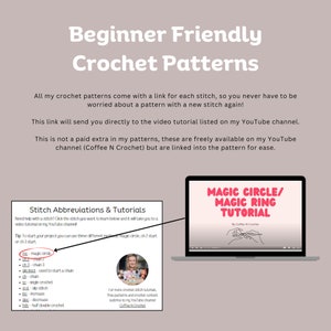 May include: Digital image advertising beginner-friendly crochet patterns. A laptop screen shows a "Magic Circle/Magic Ring Tutorial" video. Text details pattern links and stitch tutorials, with abbreviations such as "mc - magic circle". The image promotes online crochet learning.