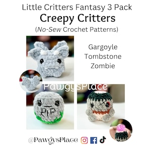 Puede incluir: Tres juguetes de peluche tejidos a crochet, un gárgola, una lápida y un zombi. Los juguetes son grises y tienen ojos negros. La lápida tiene un letrero RIP verde. El zombi tiene una cara verde y marrón. Los juguetes son parte de una colección "Creepy Critters".