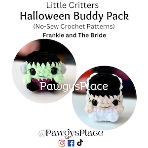 May include: A crochet pattern set for making two Halloween-themed amigurumi dolls. The dolls are Frankie and the Bride, both with black hair and green and white skin. The pattern is no-sew and is available from Pawgus Place.