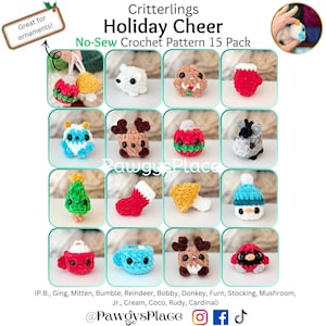 May include: A selection of 15 no-sew crochet patterns for festive critters. The image displays various small, colourful crochet ornaments, such as a snowman, reindeer, and Christmas tree. Text on the image reads "Critterlings Holiday Cheer".