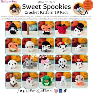 Op de afbeelding: Een verzameling van 19 gehaakte figuren met Halloween-thema, waaronder schedels, pompoenen en monsters. Elke figuur is handgemaakt met diverse accessoires. De afbeelding bevat de tekst "Sweet Spookies Crochet Pattern 19 Pack."