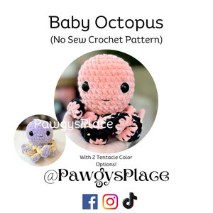 Pode incluir: Um padr&atilde;o de croch&ecirc; para um beb&ecirc; polvo com duas op&ccedil;&otilde;es de cores de tent&aacute;culos. O padr&atilde;o &eacute; sem costura e apresenta um polvo rosa com tent&aacute;culos pretos e brancos. A imagem tamb&eacute;m mostra um polvo roxo com tent&aacute;culos amarelos. O texto na imagem diz "Baby Octopus (No Sew Crochet Pattern)" e "@PawgysPlace".