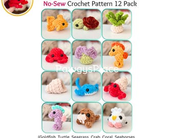 May include: A collection of 12 no-sew crochet patterns for ocean-themed critters. The image features a variety of colorful, handmade creatures, including a goldfish, turtle, and seahorse. The text reads "Critterlings Ocean Adventure Part 1".