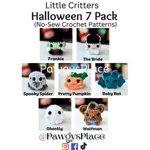 Little Critters No Sew Halloween Crochet Pattern 7 Pack (Wolfman, Ghostly, Baby Bat, Frankie, The Bride, Pretty Pumpkin, Spooky Spider)