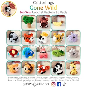 May include: A collection of 18 no-sew crochet animal patterns, including a palm tree, banana, gorilla, tiger, and giraffe. The text "Critterlings Gone Wild" and "No-Sew Crochet Pattern 18 Pack" are displayed at the top of the image. The shop's social media handles are also visible.